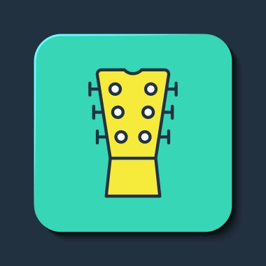 Doldurulmuş Gitar boyun simgesi mavi arka planda izole edilmiş. Akustik gitar. Telli müzik aleti. Turkuaz kare düğme. Vektör