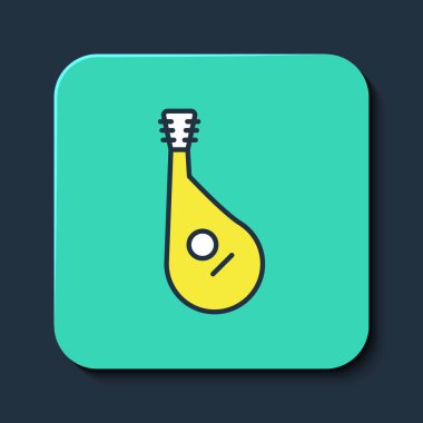 Mavi arka planda izole edilmiş Ukrayna geleneksel müzik enstrümanı bandura ikonu. Turkuaz kare düğme. Vektör