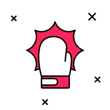 Beyaz arka planda izole edilmiş boks eldivenli yumruk simgesi. Boks eldivenleri patlayıcıyla birbirine çarpıyor. Vektör