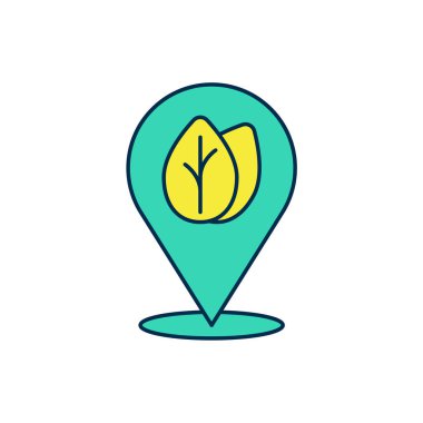 Beyaz arkaplanda izole edilmiş ana hatlı konum broşu ile simgenin içindeki yaprak ile dolduruldu. İşaret bırakıyor. Taze doğal ürün sembolü. Vektör