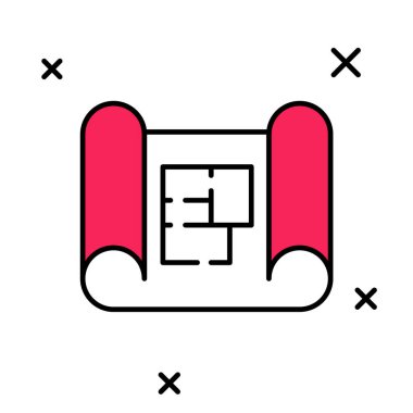 Ana hatları doldurulmuş ev planı simgesi beyaz arkaplanda izole edildi. Vektör