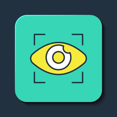 Ana hatları doldurulmuş elektronik göz ikonu mavi arka planda izole edilmiş. Küresel izleme teknolojisi, bilgisayar sistemleri ve ağ güvenliği. Turkuaz kare düğme. Vektör