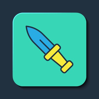 Doldurulmuş Hançer simgesi mavi arkaplanda izole edildi. Bıçak ikonu. Keskin bıçaklı kılıç. Turkuaz kare düğme. Vektör