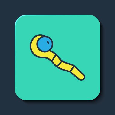 Doldurulmuş Sihirli asa simgesi mavi arkaplanda izole edildi. Sihirli değnek, asa, değnek, değnek. Turkuaz kare düğme. Vektör