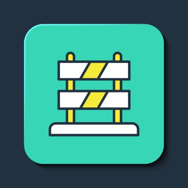 Mavi arkaplanda izole edilmiş tren yolu simgesinin ana hatları dolduruldu. Dur işareti. Demiryolu tamponundan hedefe. Turkuaz kare düğme. Vektör