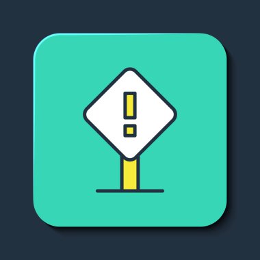 Mavi arkaplanda izole edilmiş kare çerçeve simgesiyle ünlem işareti dolduruldu. Tehlike uyarısı, dikkat, dikkat, tehlike uyarısı önemli bir işaret. Turkuaz kare düğme. Vektör