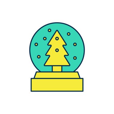 Yılbaşı kar küresinin ana hatlarıyla dolu. Beyaz arka planda izole edilmiş kar ve Noel ağacı ikonu var. Mutlu Noeller ve mutlu yıllar. Vektör