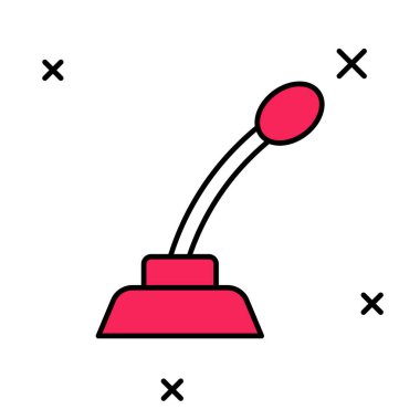 Beyaz arkaplanda izole edilmiş ana hatlı mikrofon simgesi. Radyodaki mikrofondan. Sözcü işareti. Vektör