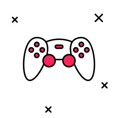 Beyaz arkaplanda izole edilmiş oyun konsolu simgesi için doldurulmuş oyun ana hatları denetleyici veya joystick. Vektör