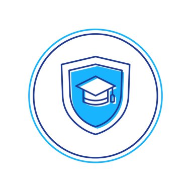 Beyaz arka planda izole edilmiş kalkan simgesiyle ana hatları doldurulmuş mezuniyet şapkası. Sigorta konsepti. Güvenlik, güvenlik, koruma, konsept koruma. Vektör