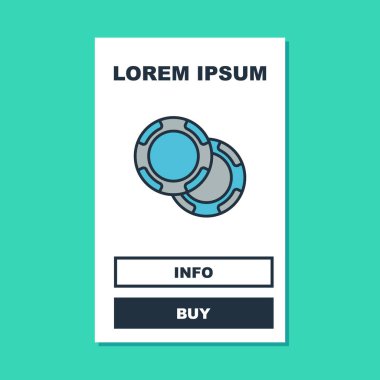 Doldurulmuş ana hatlı kumarhane çipleri simgesi turkuaz arka planda izole edildi. Kumarhane kumarı. Vektör