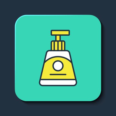 Mavi arka planda izole edilmiş krem ya da losyon kozmetik tüp ikonu. Kadınlar için vücut bakım ürünleri. Turkuaz kare düğme. Vektör