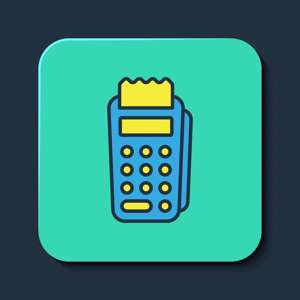 Gefüllter Kassenterminal mit eingesteckter Kreditkarte und gedrucktem Empfangssymbol isoliert auf blauem Hintergrund. NFC-Bezahlkonzept. Türkis-quadratischer Knopf. Vektor — Stockvektor
