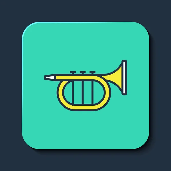 Contour rempli icône trompette isolé sur fond bleu. Instrument de musique. Bouton carré turquoise. Vecteur — Image vectorielle