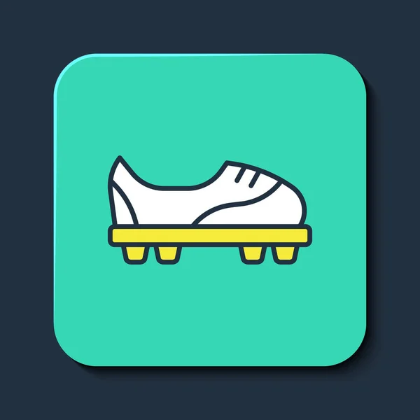 Esquema rellenado Icono de zapatos de fútbol aislado sobre fondo azul. Botas de fútbol. Protección de pie de fútbol deportivo. Botón cuadrado turquesa. Vector — Archivo Imágenes Vectoriales