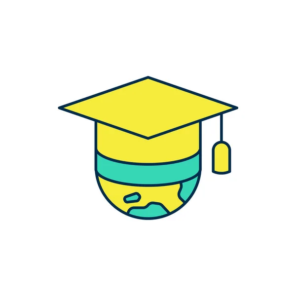 Beyaz arkaplanda izole edilmiş dünya ikonunun ana hatları mezuniyet kapağı. Dünya eğitim sembolü. Çevrimiçi öğrenme ya da e-öğrenme kavramı. Vektör — Stok Vektör