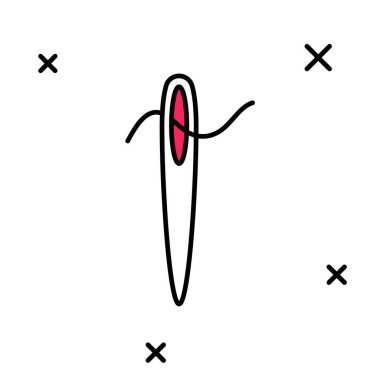 Beyaz arkaplanda izole edilmiş iplik simgesi dikmek için iğne ile doldurulmuş. Terzi sembolü. Tekstil el sanatları tabelasını diker. Nakış aletleri. Vektör