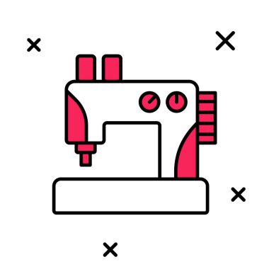 Doldurulmuş ana hatlı dikiş makinesi simgesi beyaz arkaplanda izole edildi. Vektör