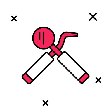 Doldurulmuş dış hat kontrol aynası ve sonda simgesi beyaz arkaplanda izole edilmiş. Kaşif pulluğu. Diş muayenesi. Vektör