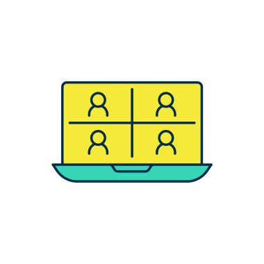 Beyaz arkaplanda izole edilmiş ana hatlı görüntülü sohbet ikonu. Çevrimiçi iş görüşmesi formu. Uzak proje yönetimi. Vektör