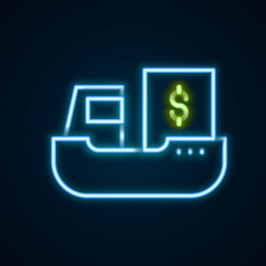 Siyah arkaplanda kutulu dağıtım ikonu olan parlak neon hattı kargo gemisi. Teslimat, ulaşım. Paketleri, kutuları, malları olan bir şilep. Renkli taslak konsepti. Vektör