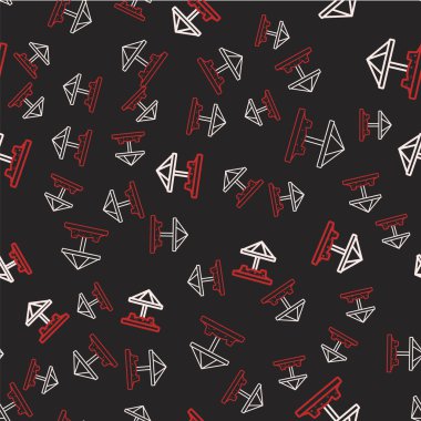 Line Sandbox for kids with sand and umbrella icon isolated seamless pattern on black background. Vector