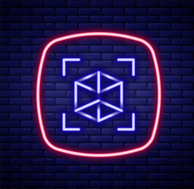 Parlayan neon hattı 3D modelleme simgesi tuğla duvar arka planında izole edildi. Artırılmış gerçeklik mi yoksa sanal gerçeklik mi? Renkli taslak konsepti. Vektör