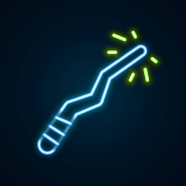 Parlayan neon hattı sihirli değnek simgesi siyah arkaplanda izole edildi. Yıldız şeklinde sihirli aksesuar. Sihirli güç. Mutlu Cadılar Bayramı Partisi. Renkli taslak konsepti. Vektör