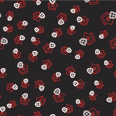 Kalkan simgesine sahip Çizgi Evi siyah arka planda izole edilmiş. Sigorta konsepti. Güvenlik, güvenlik, koruma, konsept koruma. Vektör