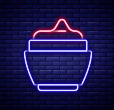 Parlayan neon hattı kremi ya da losyon kozmetik tüp ikonu tuğla duvar arka planında izole edilmiş. Kadınlar için vücut bakım ürünleri. Renkli taslak konsepti. Vektör