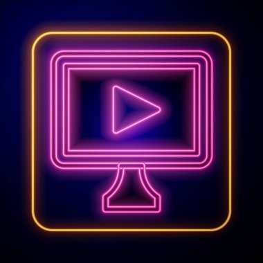 Parlayan neon çevrimiçi video oynatma simgesi siyah arkaplanda izole edildi. Oyun işaretli film şeridi. Vektör