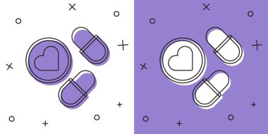 İlaç hapı veya tablet simgesini beyaz ve mor arkaplanda izole et. Kapsül hapı ve uyuşturucu işareti. Eczane tasarımı. Vektör