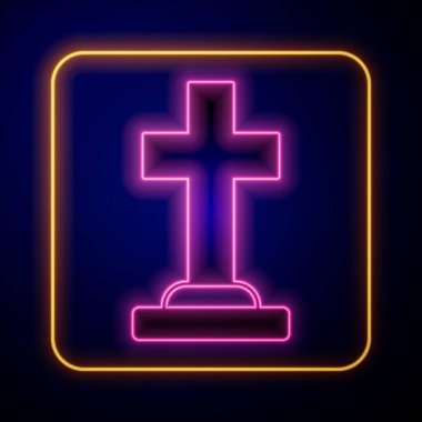 Siyah zemin üzerinde çapraz simge izole edilmiş parlak neon Tombstone. Mezar ikonu. Mutlu Cadılar Bayramı Partisi. Vektör