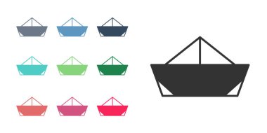 Siyah katlanmış kağıt tekne simgesi beyaz arkaplanda izole edilmiş. Origami kağıt gemisi. Simgeleri renklendirin. Vektör