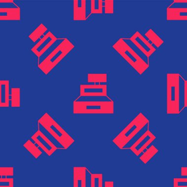 Kırmızı Kasa, mavi arka planda izole edilmiş bir onay simgesine sahip. Kasiyer tabelası. Tabut sembolü. Vektör