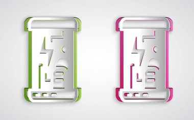 Kağıt kesiği fütüristik kriyojenik kapsüller veya gri arkaplanda izole edilmiş konteyner simgesi. İnsanlar için kriyojenik teknoloji ya da kriyojenik oda. Kağıt sanatı tarzı. Vektör