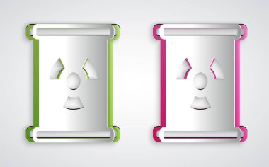 Kağıt, gri arka planda izole edilmiş varil simgesinde radyoaktif atık oluşturuyor. Zehirli atık fıçısı. Radyoaktif atık emisyonları, çevre kirliliği. Kağıt sanatı tarzı. Vektör