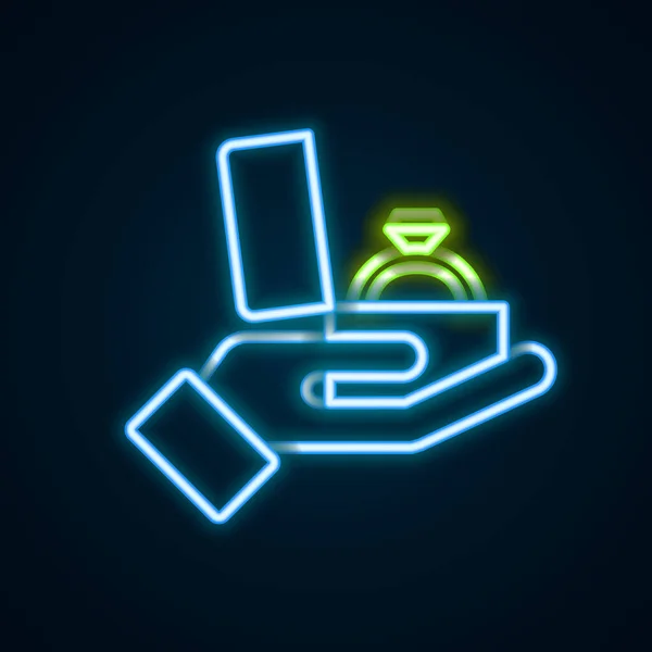 Glowing neon line Diamond engagement ring in a box icon isolated on black background. Colorful outline concept. Vector — Vector de stock