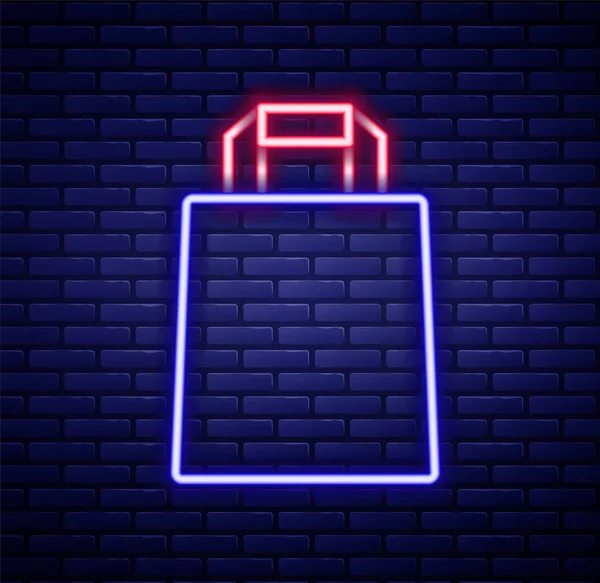 Linha de néon brilhante ícone saco de compras de papel isolado no fundo da parede de tijolo. Assinatura do pacote. Conceito de esboço colorido. Vetor —  Vetores de Stock