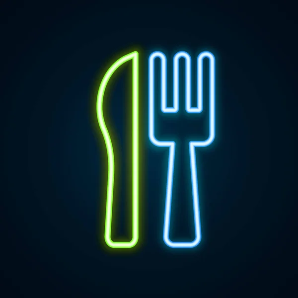 Glowing neon line Crossed knife and fork icon isolated on black background. Cutlery symbol. Colorful outline concept. Vector — Stockvector