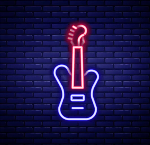 Parlayan neon hattı elektro gitar ikonu tuğla duvar arka planında izole edilmiş. Renkli taslak konsepti. Vektör — Stok Vektör