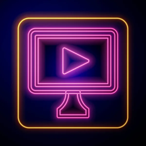 Glowing neon Online play video icon isolated on black background. Film strip with play sign. Vector — Stock Vector
