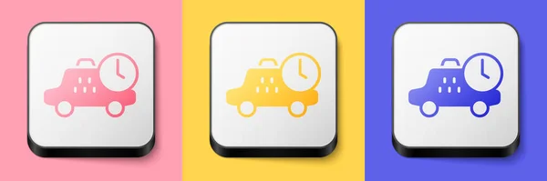 Pembe, sarı ve mavi arka planda Isometric Taksi Bekleme Simgesi. Araba teslimatı, program gezisi. Kare düğmesi. Vektör — Stok Vektör