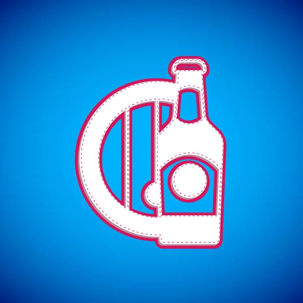 Botella de cerveza blanca y barril de madera icono aislado sobre fondo azul. Vector — Archivo Imágenes Vectoriales