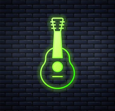 Parlayan neon gitar ikonu tuğla duvar arkasında izole edilmiş. Akustik gitar. Telli müzik aleti. Vektör