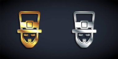 Altın ve gümüş leprikon simgesi siyah arkaplanda izole edilmiş. Aziz Patrick gününüz kutlu olsun. Ulusal İrlanda bayramı. Uzun gölge tarzı. Vektör