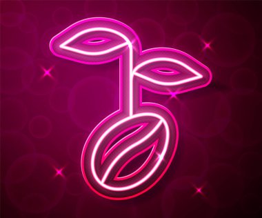 Parlayan neon hattı kahve çekirdeği ikonu kırmızı arka planda izole edildi. Vektör