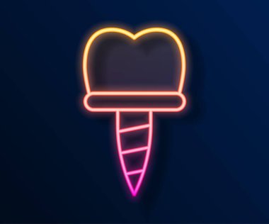 Parlayan neon hattı diş implantı simgesi siyah arkaplanda izole edildi. Vektör