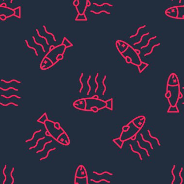 Kırmızı çizgi Ölü balık ikonu siyah arka planda izole edilmiş kusursuz desen. Çürük balık. Vektör