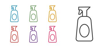 Beyaz arka planda izole edilmiş deterjan likörlü sprey şişesini ayarla. Simgeleri renklendirin. Vektör